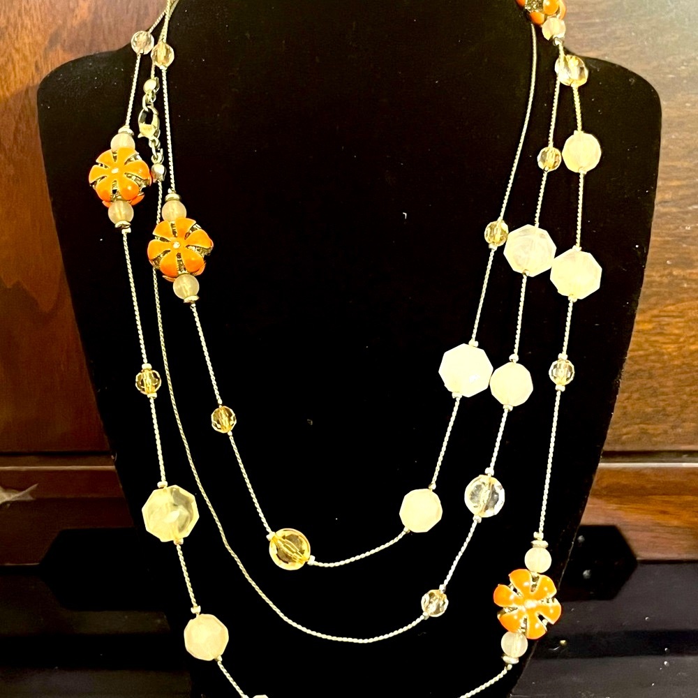 Extra Long Silver Pink Orange Flower Necklace - Picture 2 of 5